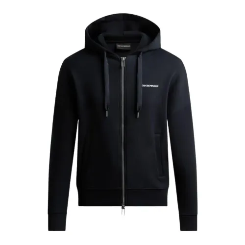 Emporio Armani , Navy Blue Double Jersey Hooded Sweatshirt ,Black male, Sizes: