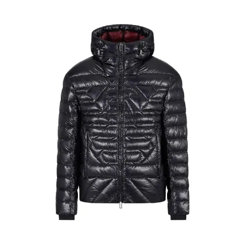 Emporio Armani , Navy Blue Quilted Jacket with Hood and Eagle Logo ,Black male, Sizes: