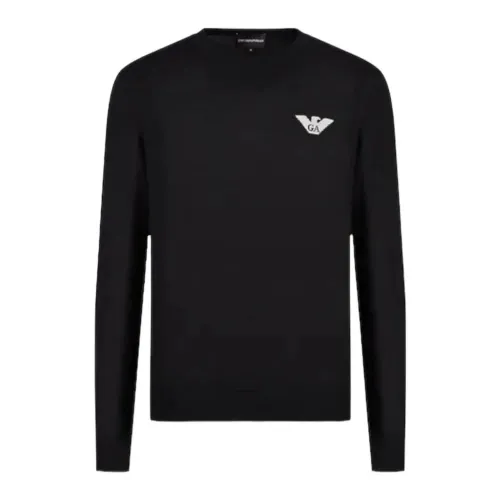Emporio Armani , Navy Blue Wool Sweater with Eagle Logo ,Black male, Sizes: