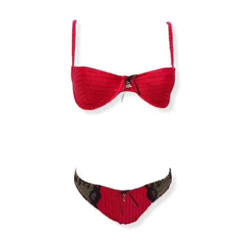 Emporio Armani , Padded Balconette Bra with Underwire, Striped Satin with Lace Details ,Red female, Sizes: