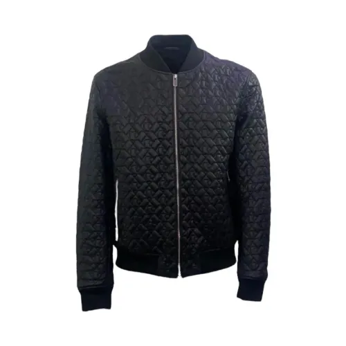 Emporio Armani , Quilted Eagle Logo Leather Bomber Jacket for Men ,Black male, Sizes: