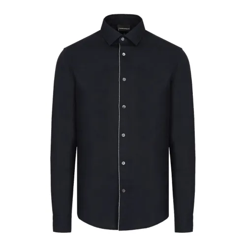 Emporio Armani , Regular Fit Blue Linen Shirt with Eagle Logo ,Black male, Sizes: