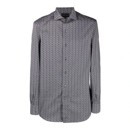 Emporio Armani , Regular Fit Blue Shirt with All Over Lettering Print for Men ,Gray male, Sizes:
