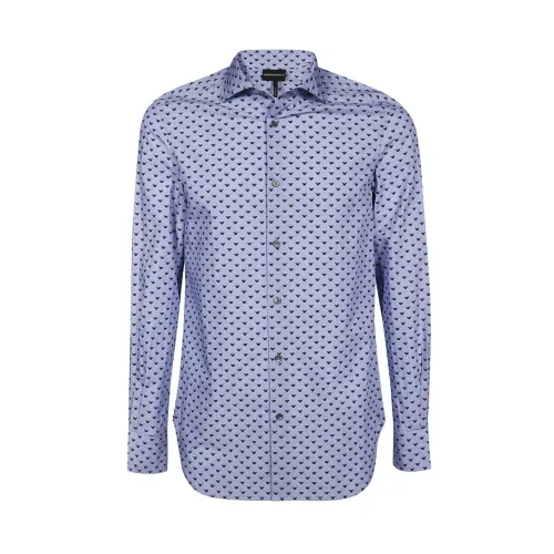 Emporio Armani , Regular Fit Blue Shirt with All Over Micro Eagle Embroidery ,Blue male, Sizes: