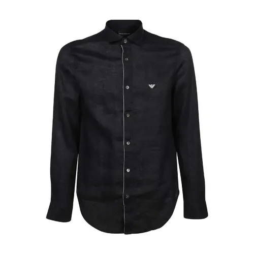 Emporio Armani , Regular Fit Linen Shirt with Embroidered Eagle Logo ,Black male, Sizes: