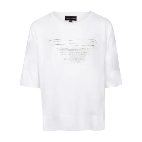 Emporio Armani , Rhinestone-Logo T-Shirt with Asymmetric Hem ,White female, Sizes: