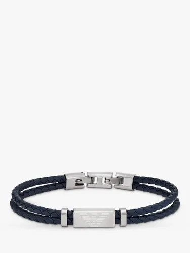 Emporio Armani s ID Leather Braided Cord Bracelet, Silver/Blue - Silver/Blue - Male