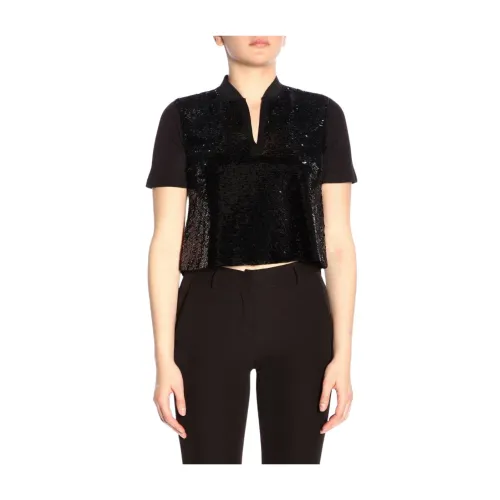 Emporio Armani , Short Sleeve Sequin Blouse for Women ,Black female, Sizes:
