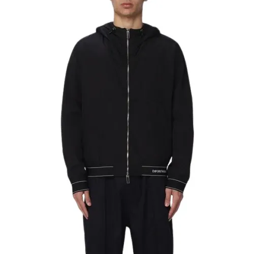 Emporio Armani , Ultra-light Black Hooded Jacket with Elastic Inserts and Logo Lettering ,Black male, Sizes: