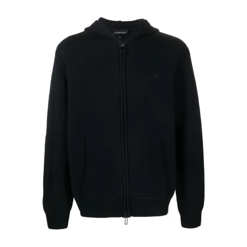 Emporio Armani , Virgin Wool Hoodie with External Pockets ,Blue male, Sizes:
