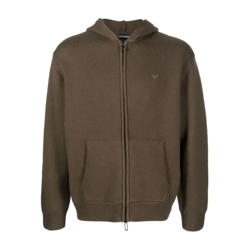 Emporio Armani , Virgin Wool Hoodie with Pockets ,Brown male, Sizes: