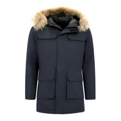 Enos , Men Parka Winter Jacket - Large Real Fur Collar ,Blue male, Sizes: