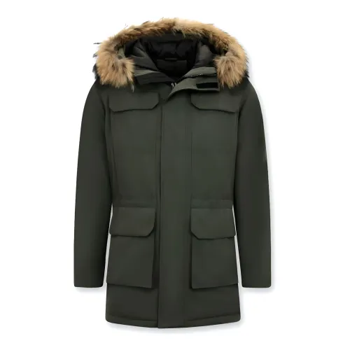 Enos , Men Winter Parka - Large Real Fur Collar ,Green male, Sizes: