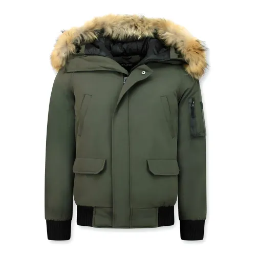 Enos , Winter jackets with genuine fur hood - Short down jacket for men ,Green male, Sizes: