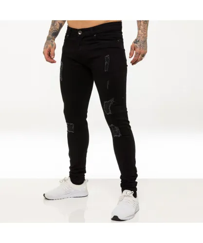 Enzo Mens Skinny Ripped Jeans - Black Cotton