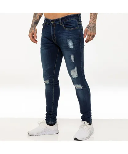 Enzo Mens Skinny Ripped Jeans - Blue Cotton