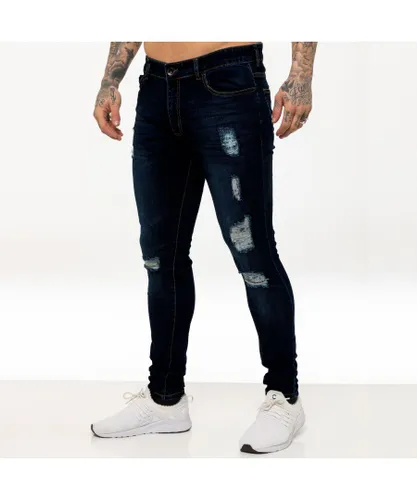 Enzo Mens Skinny Ripped Jeans - Indigo Blue Cotton
