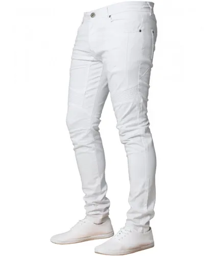 Enzo Mens Super Skinny Stretch Biker Denim Jeans - White Cotton
