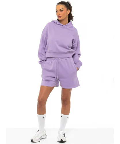 Enzo Womens Cropped Hoodie Tracksuit With Shorts - Purple Cotton