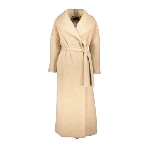 Eres , Long Sand Belted Coat in Faux Fur ,Beige female, Sizes: