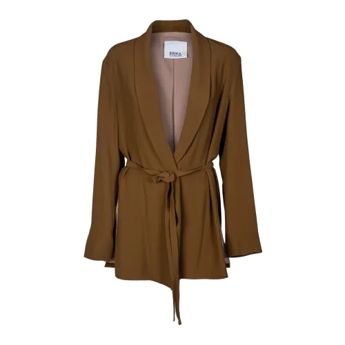 Erika Cavallini , Viscose Blazer with Shawl Collar. Side Slits and Waist Belt. Made in Italy. ,Brown female, Sizes: