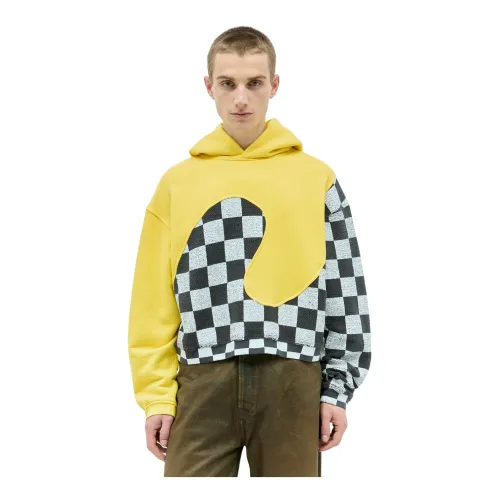 ERL , Checker Swirl Hooded Sweatshirt ,Yellow male, Sizes: