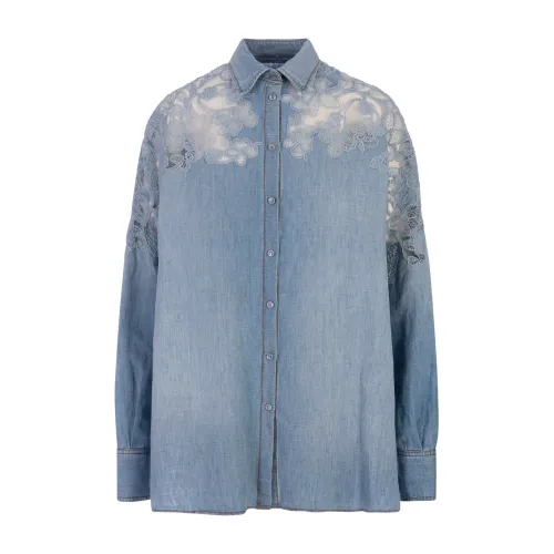 Ermanno Scervino , Blue Denim Lace Cut-Out Shirt ,Blue female, Sizes: