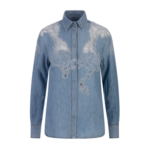 Ermanno Scervino , Blue Denim Lace Cut-Out Shirt ,Blue female, Sizes:
