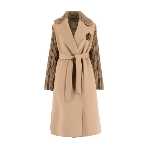 Ermanno Scervino , Double Wool Coat with Belt ,Brown female, Sizes: