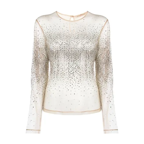 Ermanno Scervino , Elegant Long Sleeve Nude Top with Strass Appliques ,Beige female, Sizes: