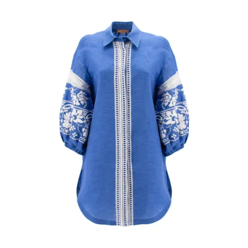 Ermanno Scervino , Embroidered Linen Blouse, V-Neck, Regular Fit ,Blue female, Sizes: