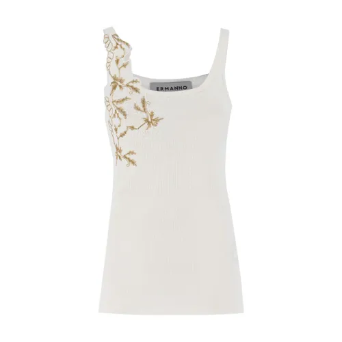 Ermanno Scervino , Floral Embroidered Ribbed Stretch Top ,White female, Sizes:
