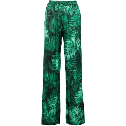 Ermanno Scervino , Green Leaf Print Satin Trousers ,Green female, Sizes: