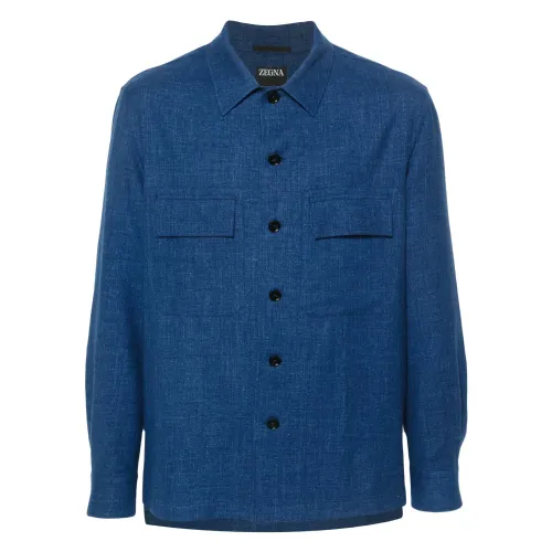 Ermenegildo Zegna , Cashmere Linen Overshirt Button Closure Pockets ,Blue male, Sizes: