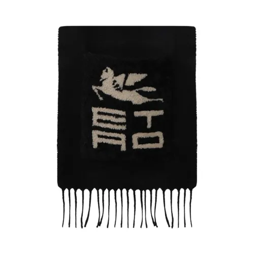 Etro , Black Cashmere Scarf with Shearling Pockets and Fringes ,Black female, Sizes: ONE