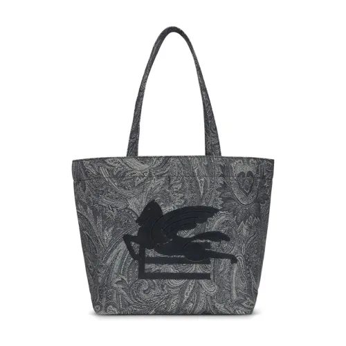 Etro , Black Cotton Blend Tote with Leather Finishes ,Black male, Sizes: ONE SIZE