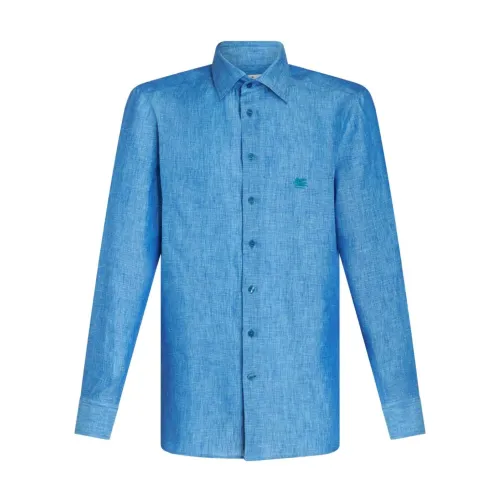 Etro , Blue Linen Shirt with Embroidered Pegaso Logo ,Blue male, Sizes: