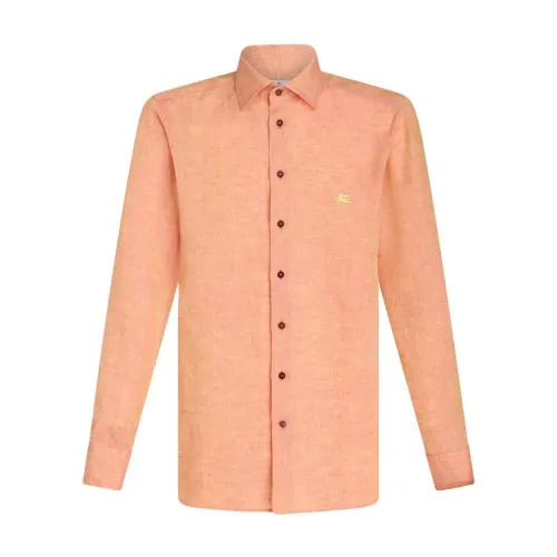 Etro , Orange Linen Shirt with Pegaso Embroidery ,Orange male, Sizes: