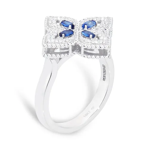 Exclusive 18ct White Gold Princess Flower 0.26ct Diamond & Sapphire Ring - Ring Size K