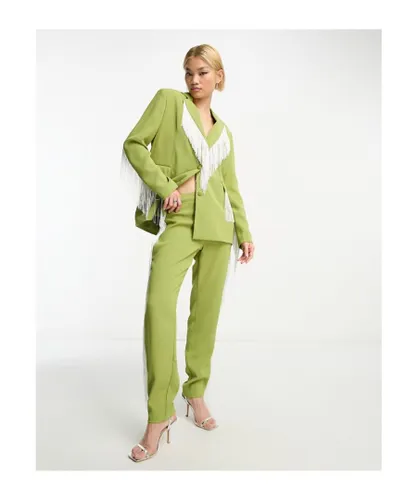 Extro & Vert Womens Premium straight leg trousers with fringe in green & white co-ord
