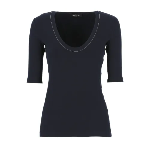 Fabiana Filippi , Dark Blue U-Neck Cotton T-Shirt with Light Point Details ,Blue female, Sizes: