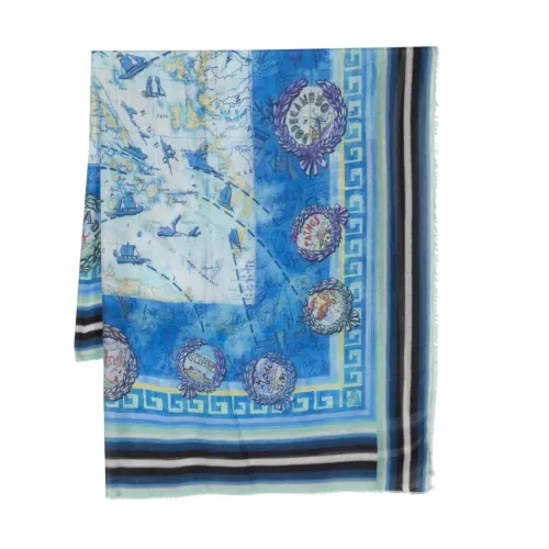 Faliero Sarti , Blue Silk Blend Scarf with Map Print ,Blue female, Sizes: ONE