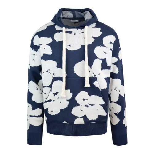 Family First , Floral Jacquard Hoodie Sweater ,Blue male, Sizes: