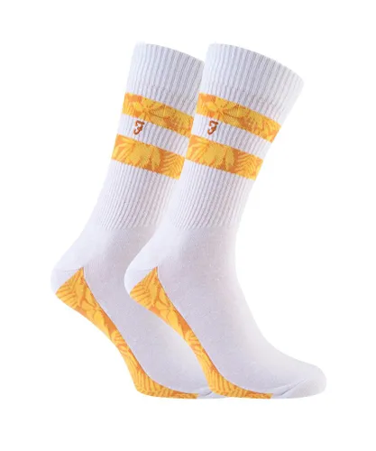 Farah - 2 Pairs Mens Cotton Ribbed White Sports Socks with Red Blue Yellow Stripes - FVS006WHGD
