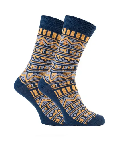 Farah - 2 Pairs Mens Funky Vintage Patterned Colourful Thick Cotton Crew Socks - FVS008NVY - Blue