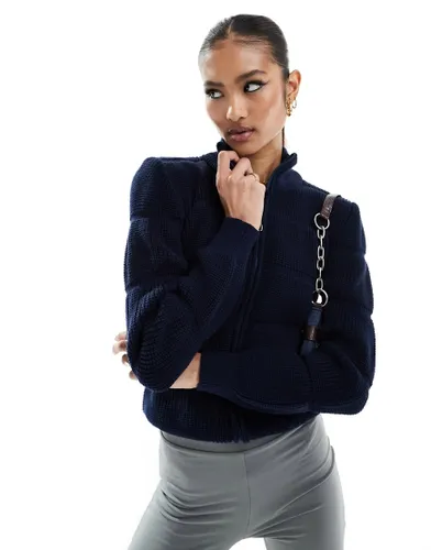 Fashionkilla bubble knitted zip through jumper in navy-Blue