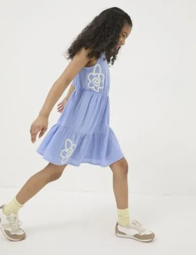 Fatface Girls Pure Cotton Embroidered Tiered Dress (3-13 Yrs) - 3-4 Y - Blue Mix, Blue Mix