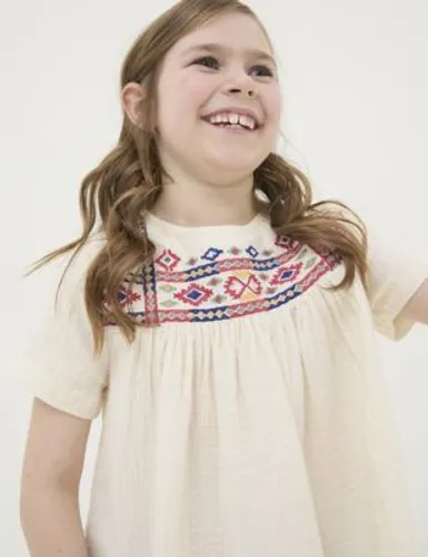 Fatface Girls Pure Cotton Embroidered Top (3-13 Yrs) - 3-4 Y - Ivory Mix, Ivory Mix