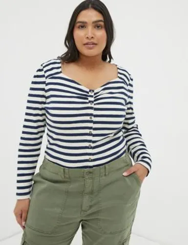 Fatface Womens Cotton Rich Striped Ribbed V-Neck Top - 6 - Navy Mix, Navy Mix