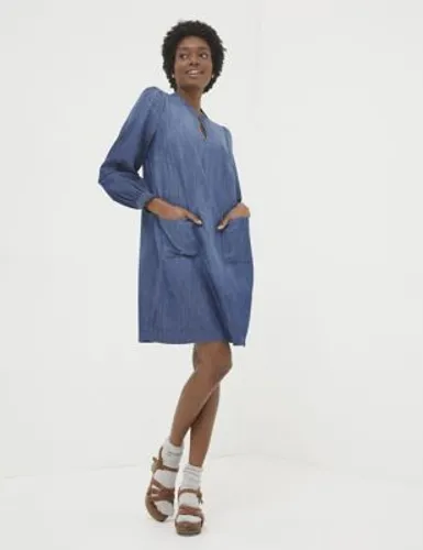 Fatface Womens Pure Cotton Denim Puff Sleeve Mini Shift Dress - 6LNG - Blue, Blue